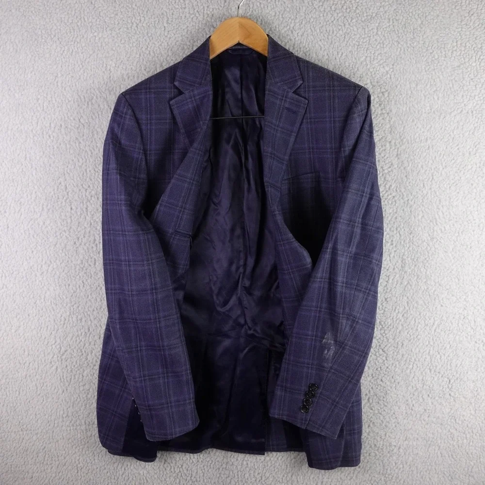 Lauren‎ Ralph Lauren Mens 40L Silk Wool Plaid Blazer Sport Coat Blue 2 Button